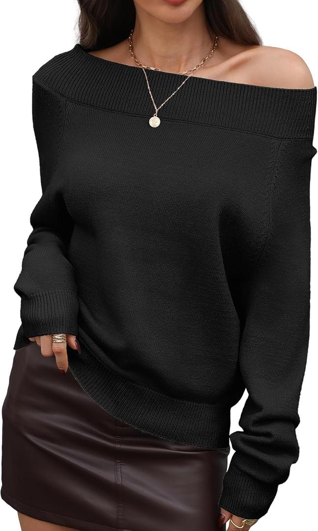 ELLEVEN Women's Off Shoulder Sweater Soft & Cozy, Casual One Shoulder Pullover Long Sleeve Fall Winter Outfits (Small, Black)