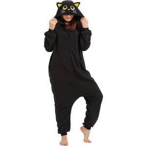 AMAMHAHAVA Cozy Black Cat Onesie Pajamas for Adults Halloween Costume One-Piece Cosplay Christmas Sleepwear (XX-Large)