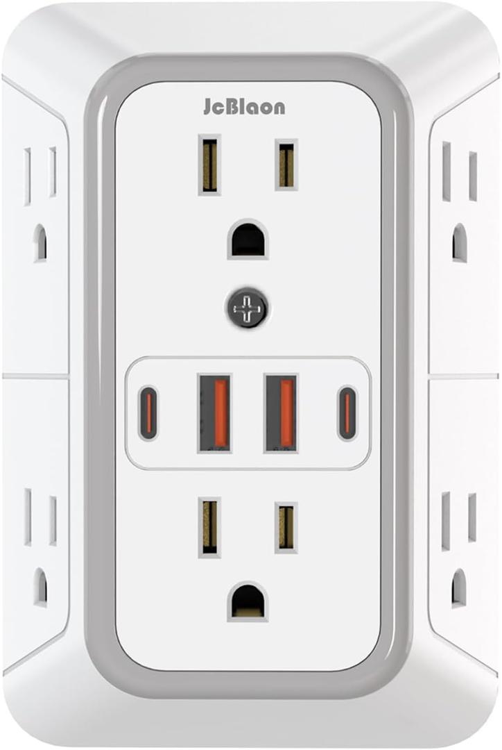 JcBlaon Outlet Extender Surge Protector - 6 Outlet Splitter with 4 USB Ports (2 USB C), Multiple Plug Expander Wall Charger, 3 Sided Multi Plug Wall Adapter Power Strip for Home Office Kitchen Travel (White)