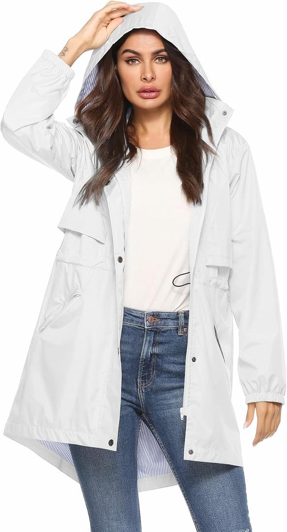 Avoogue Womens Raincoats Waterproof Cinch Waist Breathable All Weather Jacket Long (XX-Large, White)