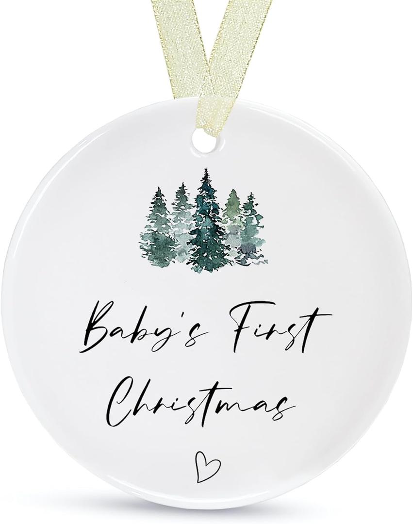 Babys First Christmas Ornaments 2025 Babies First Christmas Ornament Baby's 1st Ornament for Boys Girls Round Ceramic Decoration with Gift Box&Ribbon (2.9" (New Baby-green Christmas Tree)