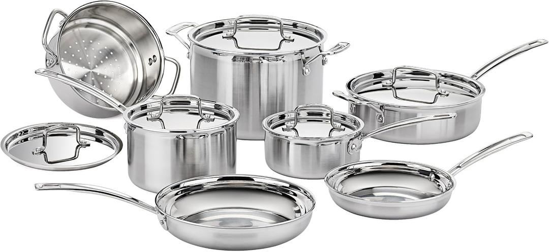 Cuisinart 12-Piece MultiClad Pro Triple Ply Stainless Stainless Steel Pots and Pans Set, Cookware Set Compatible with Induction, Electric, Gas Cooktops, Cool Grip Handles, Oven Safe to 500F, Silver
