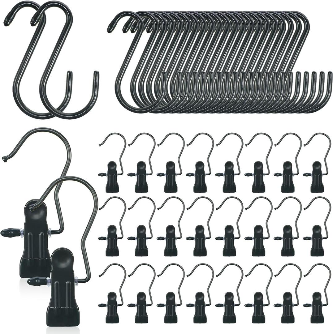 Knitgrip 36 Pcs Boot Hanger Clips and 36 Pcs Large S Hooks, Heavy Duty Single Clips for Pants Non Slip Rubber Coated 5.7 Inches Black Portable S Hanging Hooks for Closet Laundry Clothes Jeans Towels