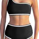 MOOSLOVER Women Whip Stitch Bikini Sets One Shoulder High Waisted 2 Piece Swimsuit Summer Beach Swim Bathing Suits (Black, M)