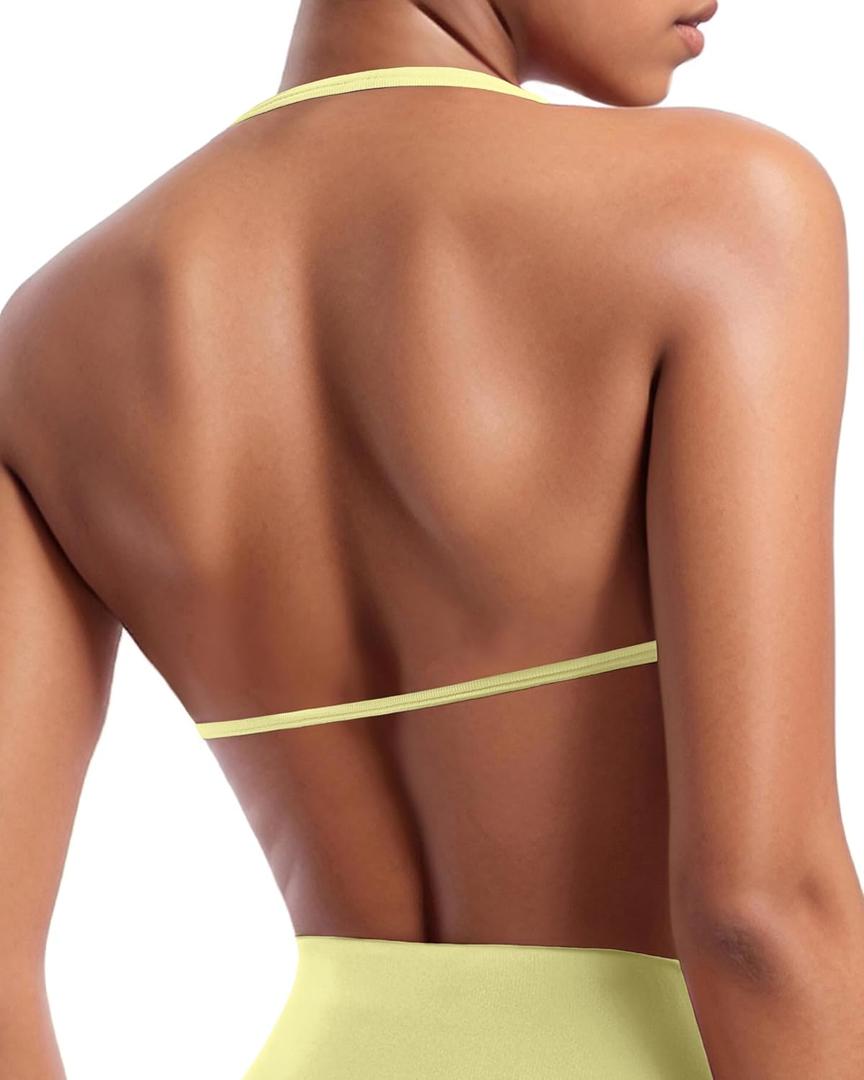 OMKAGI Halter Sports Bras for Women Padded Strappy Bra Open Back Workout Gym Crop (Small, Pale Yellow)