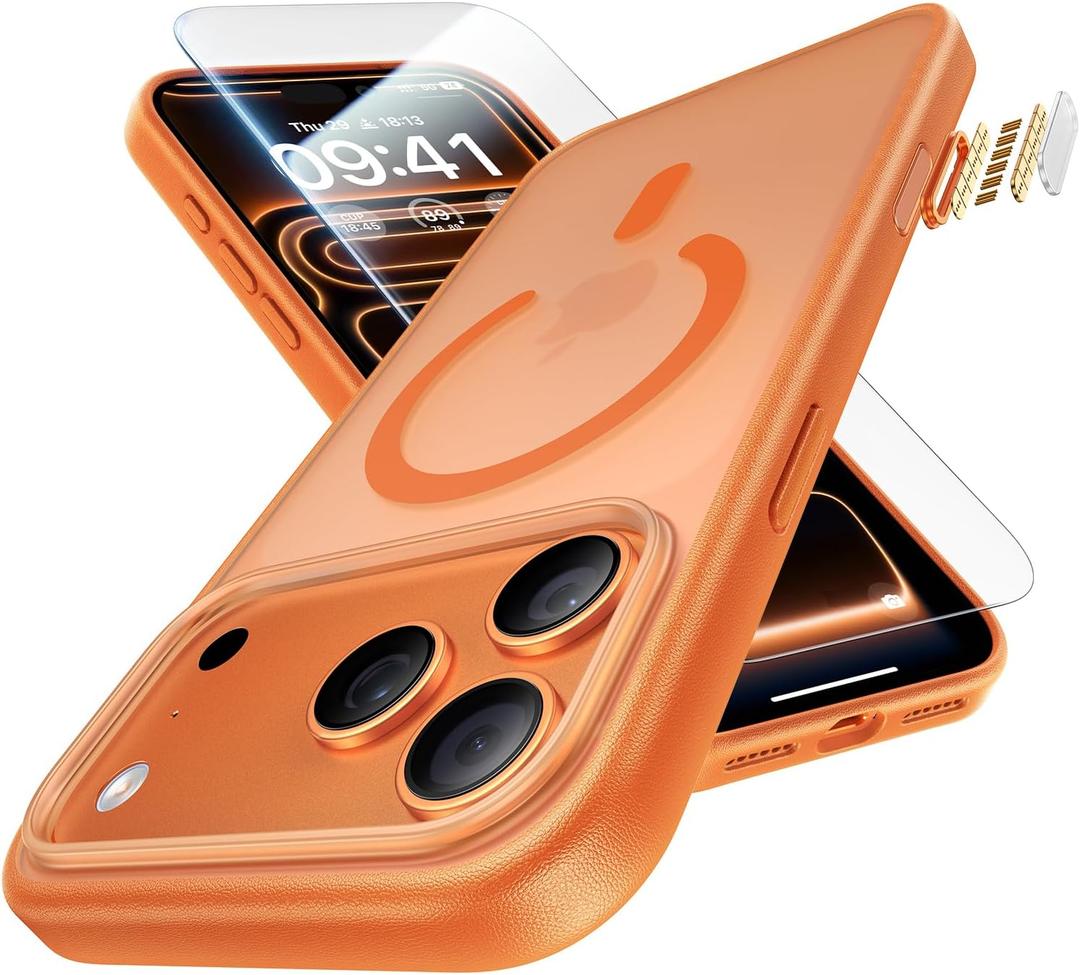 3 in 1 Magnetic Shockproof for iPhone 17 Pro Max Case, [Fit for MagSafe] [TOP Military Protection] 1X Screen Protector+1X Wrist Strap, Camera Control Cover for iPhone 17 ProMax Translucent Orange