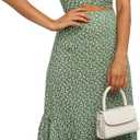 LYANER Women's 2 Piece Outfits Floral Self Tie Knot Crop Top and Midi Skirt Set (Large, Green)