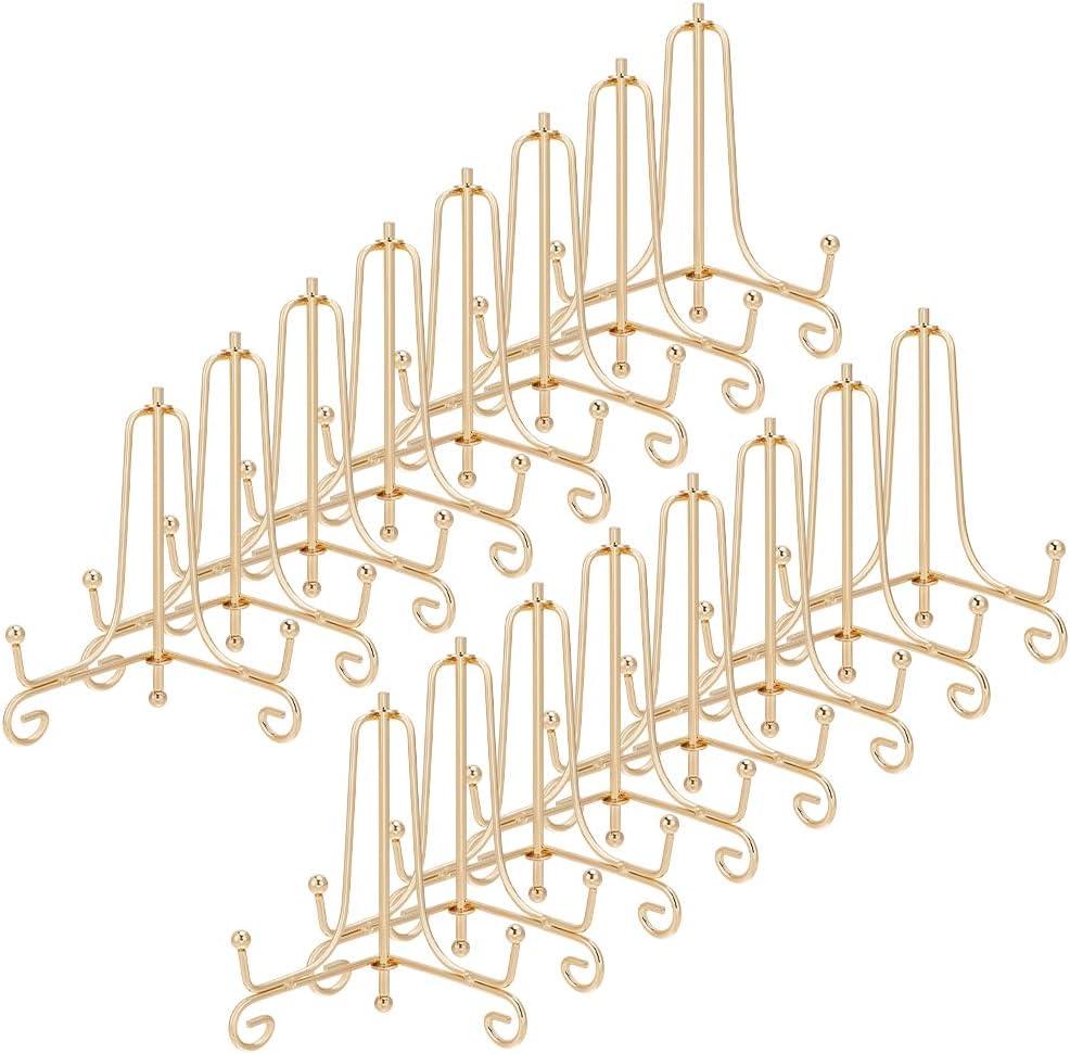 16 Pcs Iron Plate Stands for Display, 4.09 Inch Golden Easel Display Stand Vintage Plate Holder Card Plate Stands Foldable Photo Holder for Home Table Canvases Party