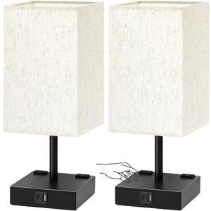 Bedside Table Lamps Set of 2 - Touch Nightstand Lamp for Bedroom with USB C+A Charging Ports & AC Outlets, 3-Way Dimmable Desk Lamp Flaxen Fabric Shade for Living Room Office(Bulb Included)