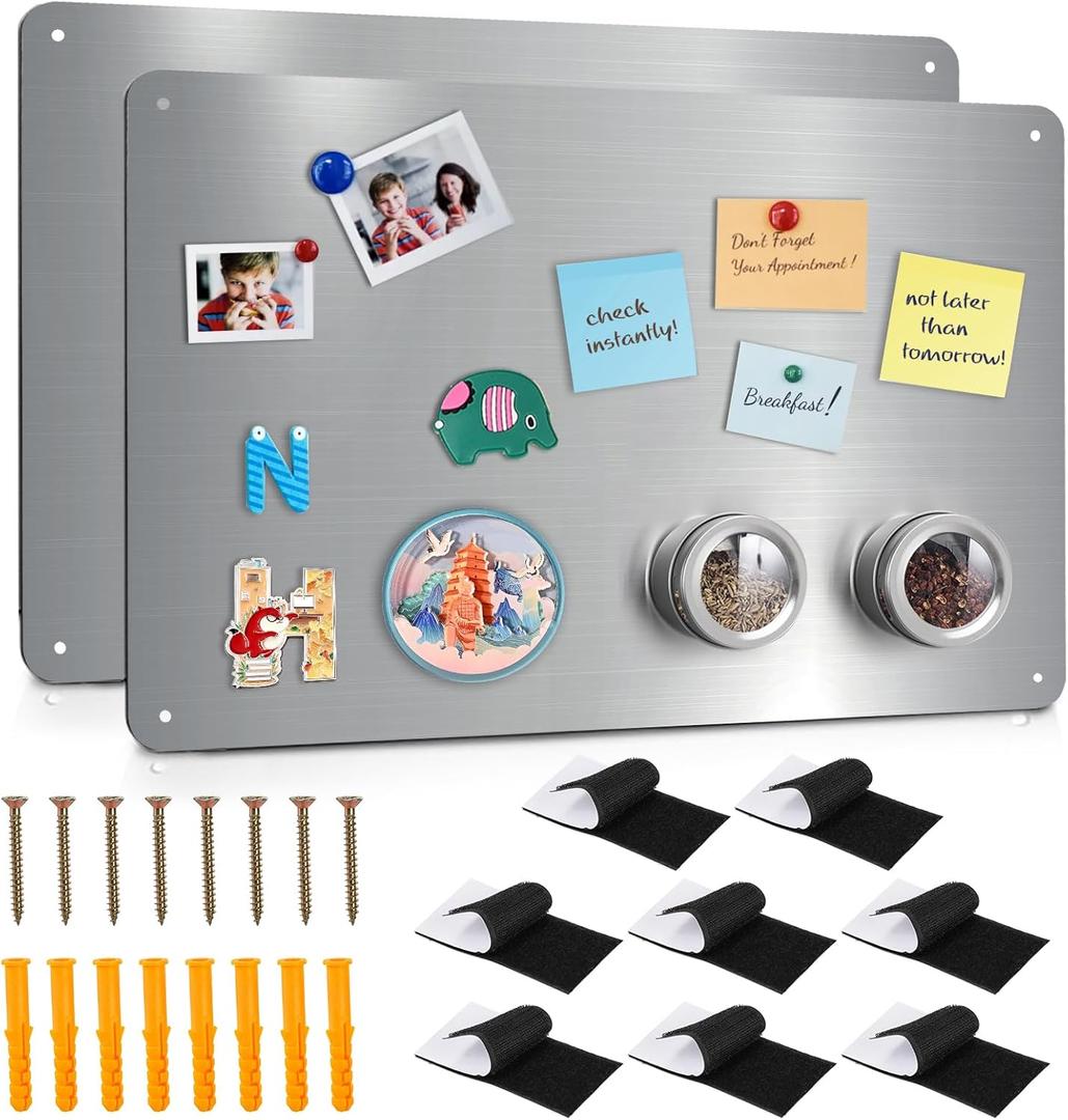 Bekith 2 Pack Stainless Steel Magnetic Board, 17.1" x 11.8" Magnet Bulletin Board to Display Magnetic Letters Numbers, Notes, Poetry, Photos, Spice Jars, Suitable for Wall, Refrigerator, Cabinet