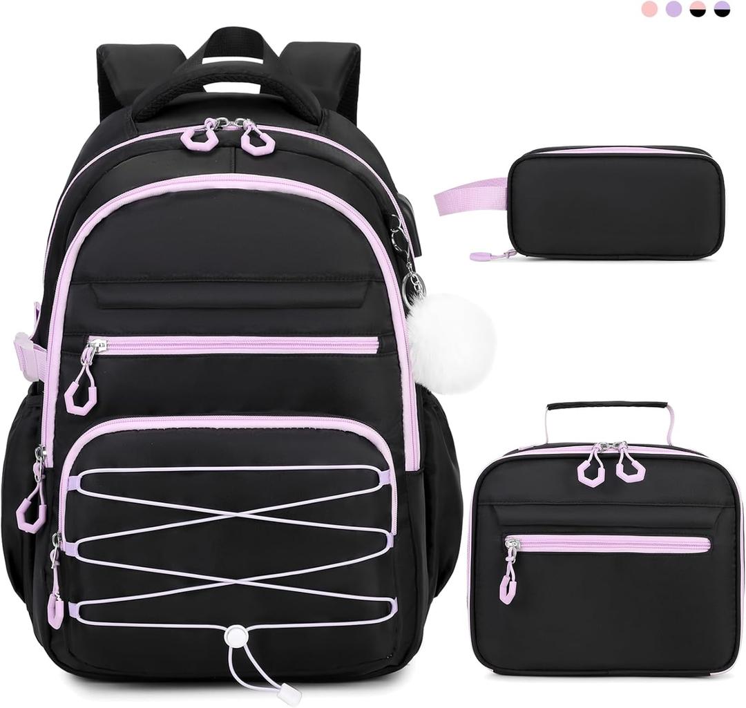 Backpack for Girls, 3 PCS Girls Backpack with Lunch Box, Pencil Cace Set for Teen Girl Kids, Bookbag School Backpacks for Elementary Middle High School College Students Age 3+ Black Purple
