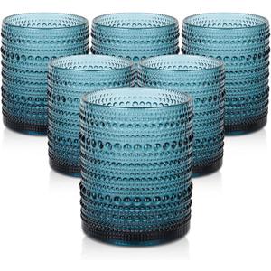 Vintage Glassware Drinking Glasses Set of 6,12 oz Hobnail Glass Cups,Embossed Blue Water Tumbler,for Beer,Cocktail,Whiskey,Juice and Various Mixed Drinks- 1 Cleaning Brush