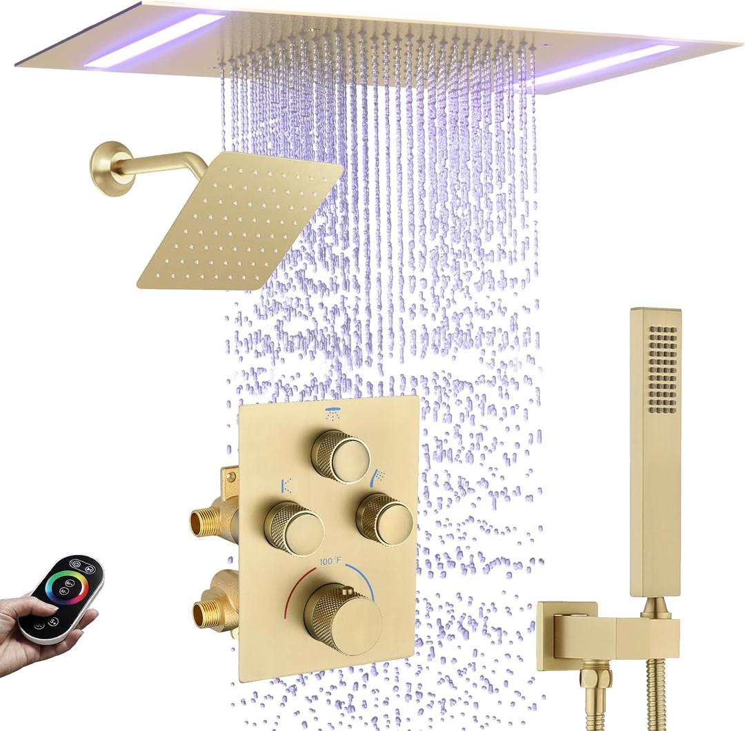 Dual Rain Shower Head System Faucet Set Ceiling Mount 14x20 Inch LED Head with 6 Inch Wall Head and Handheld Shower Valve Can Run Together and Control The Flow,Brushed Gold