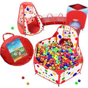 Playz 5-Piece Kids Play Tents Crawl Tunnels and Ball Pit Popup Bounce Playhouse Tent with Basketball Hoop for Indoor and Outdoor Use with Red Carrying Case
