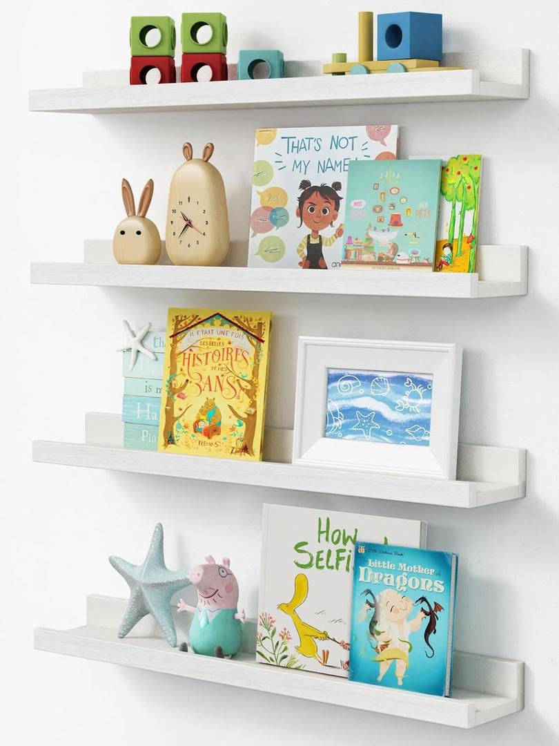 24 Inch Floating Nursery Book Shelves, White Picture Ledge Shelf 4-Pack | 2 ft Long Solid Wood Wall Shelf with Lip Edge, Hanging Bookshelf for Kids Room Toddler Bedroom Photo Frames, 24 x 4.5 Inch