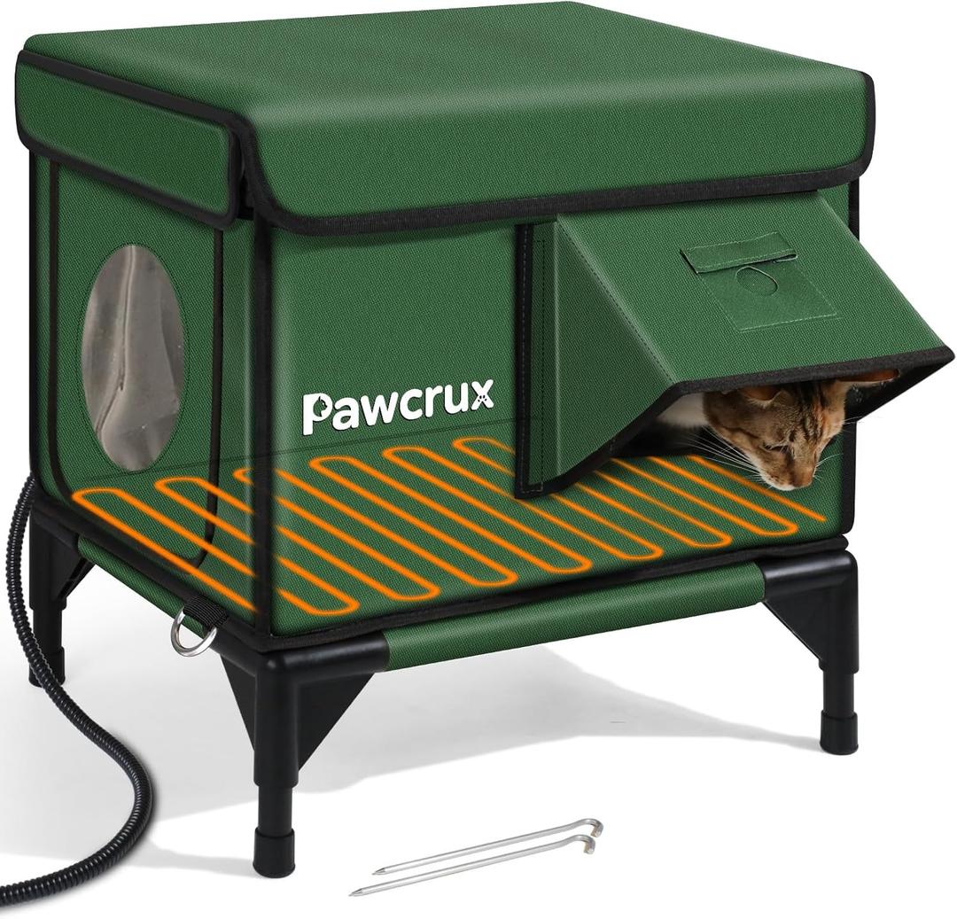 Weatherproof Heated Cat House for Outdoor in Winter, Heated Cat Bed Kitty Shelter with Cat Heating Pad, Insulated & Safe Escape Door, Warm House for Outside Stray Cat(Green, 12.6"x16.5"x16.9")