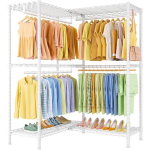 ULIFHOME E15 Garment Rack L Shaped Clothes Rack for CornerFreestanding Clothing Racks for Hanging ClothesHeavy Duty Closet Organizer with 4 Hanging Rods & 8 S Hooks43.4" W x 15.8" D x 78.4" HWhite