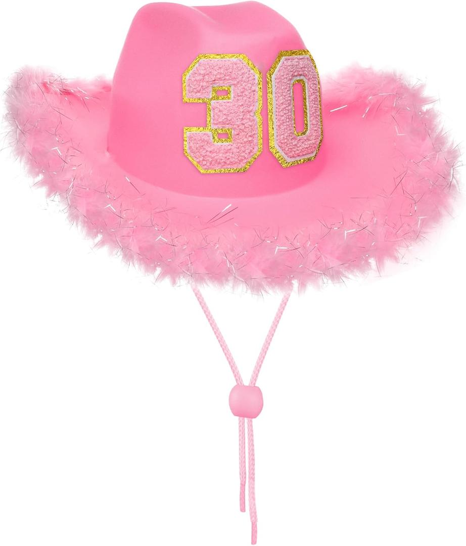 JUSTOTRY 30th Birthday Cowboy Hat, 30th Birthday Outfit Gifts for Women Cowgirl Hats Decorations (Pink)
