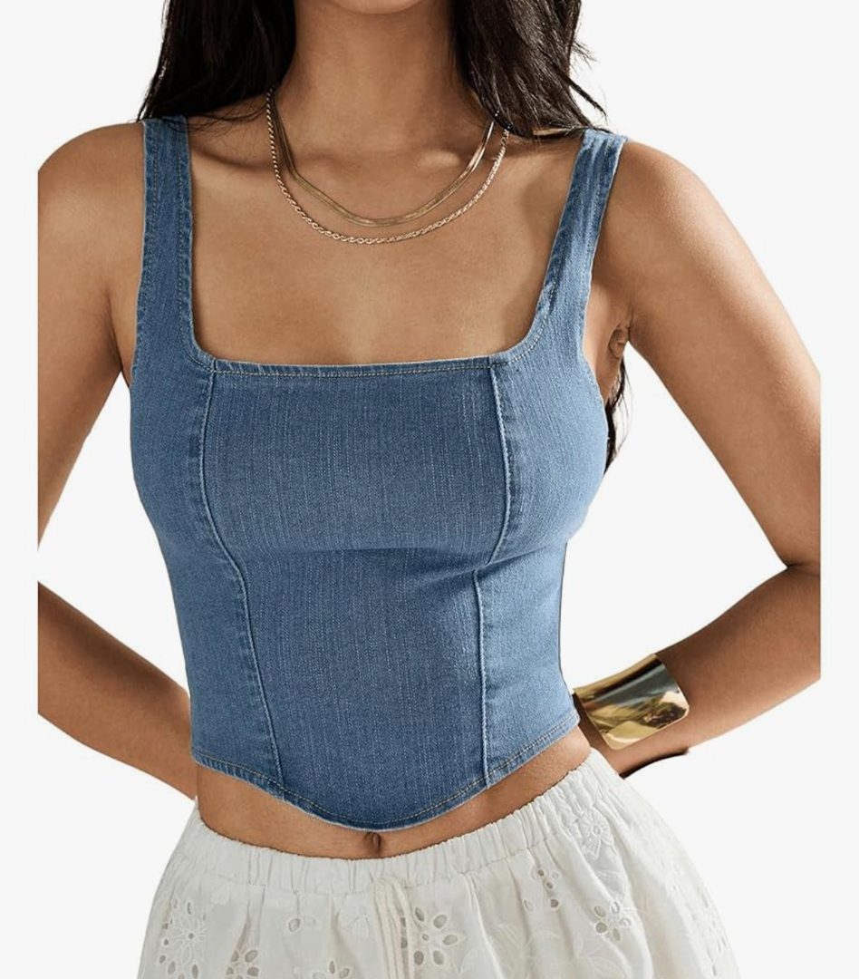 Women's Square Neck Sleeveless Corset Denim Top Zip Back Asymmetrical Hem Tank Top L