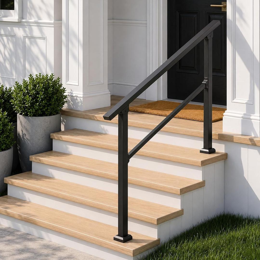 Hand Rails for Outdoor Steps, 4-Step Metal Stair Railing Kit, Matte Black