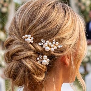 Kilshye Pearl Bride Wedding Hair Pins Gold Rhinestone Bridal Hair Pieces Crystal Prom Hair Accessories for Women and Girls (Pack of 3) (Gold)
