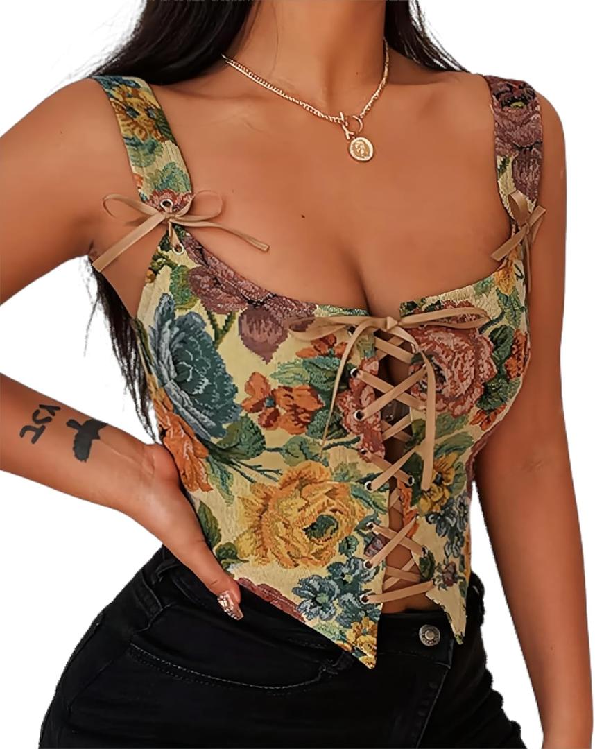 Women's Summer Vintage Floral Renaissance Corset Top for Women Y2k Tops Sleeveless Drawstring Crop Top (3X-Large, Khaki)