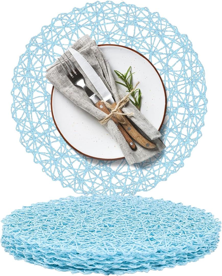 AHHFSMEI Paper Braided Round Placemats Set of 6 Natural Non-Slip Heat Resistant Table Mats for Dining Tables Woven Indoor Outdoor Place mats(Light Blue)
