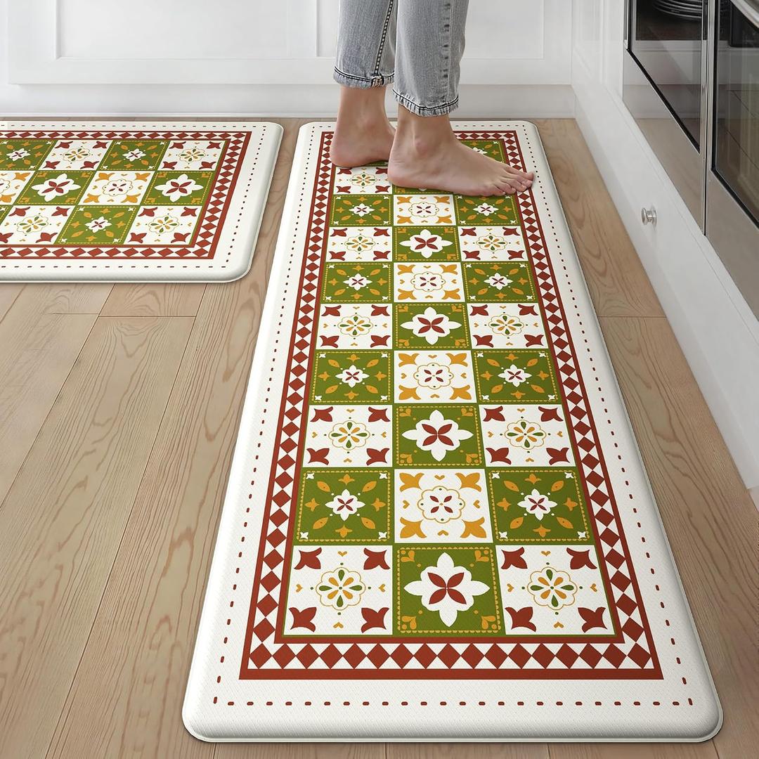 GENIMO Anti Fatigue Kitchen Mats for Floor 2PCS, Standing Rugs, Dark Green