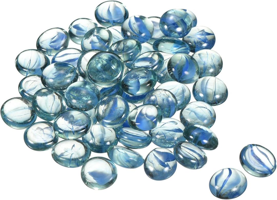 MECCANIXITY Decorative Flat Glass Marbles 17-19mm Rock Vase Filler Beads Pebbles Petal Blue for Fish Tank Table Scatter Decor, 100 Pcs