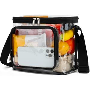 FlowFly Insulated Reusable Lunch Bag Adult Large Lunch Box for Women and Men with Adjustable Shoulder Strap,Front Zipper Pocket and Dual Large Mesh Side Pockets, Clear