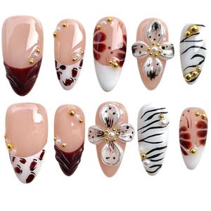 Press on Nails Medium Almond, 3D Floral & Leopard Zebra Print French Tip, Handcrafted Gel Stick On Reusable False Nails Wild Mocha (L)