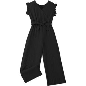 WDIRARA Girl's Ruffle Trim Wrap V Neck Cap Sleeve Cute Jumpsuit Belted Wide Leg Pants 11Y