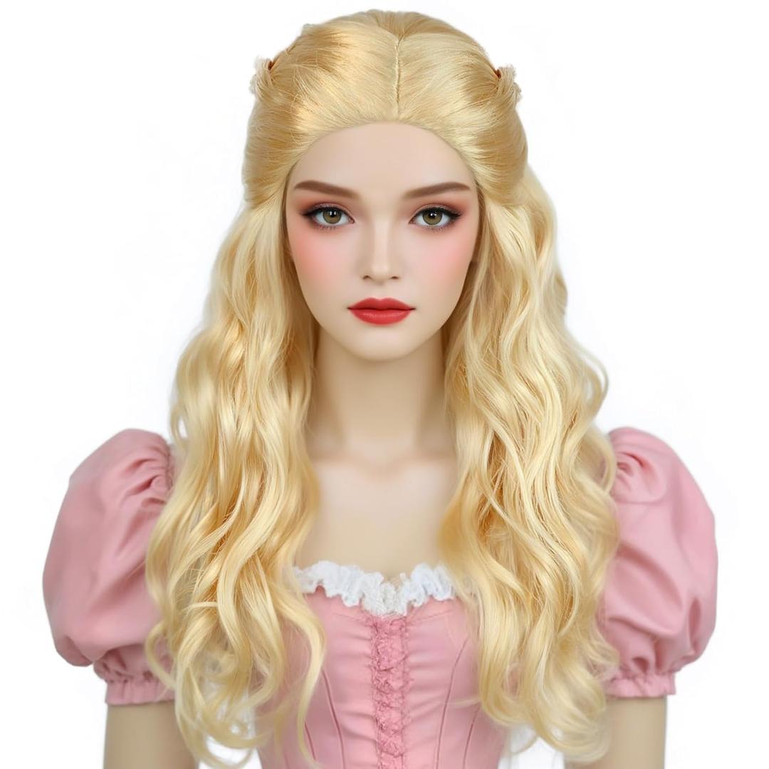 ANOGOL+Hair Cap 70cm Long Wavy Blonde Wig for Women Witch Princess Blonde Wigs Synthetic Hair with Movie-Inspired Look Golden Wigs Blond Curly Elf Wigs Princess Queen Wig for Halloween Costume Cosplay