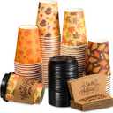 Yungyan 100 Pack 12 oz Fall Disposable Coffee Cups with Dome Lids and Sleeves Thanksgiving Autumn Insulated Paper Hot Cups for Hot Cold Drinks Beverage Thanksgiving Party Dinner Supplies