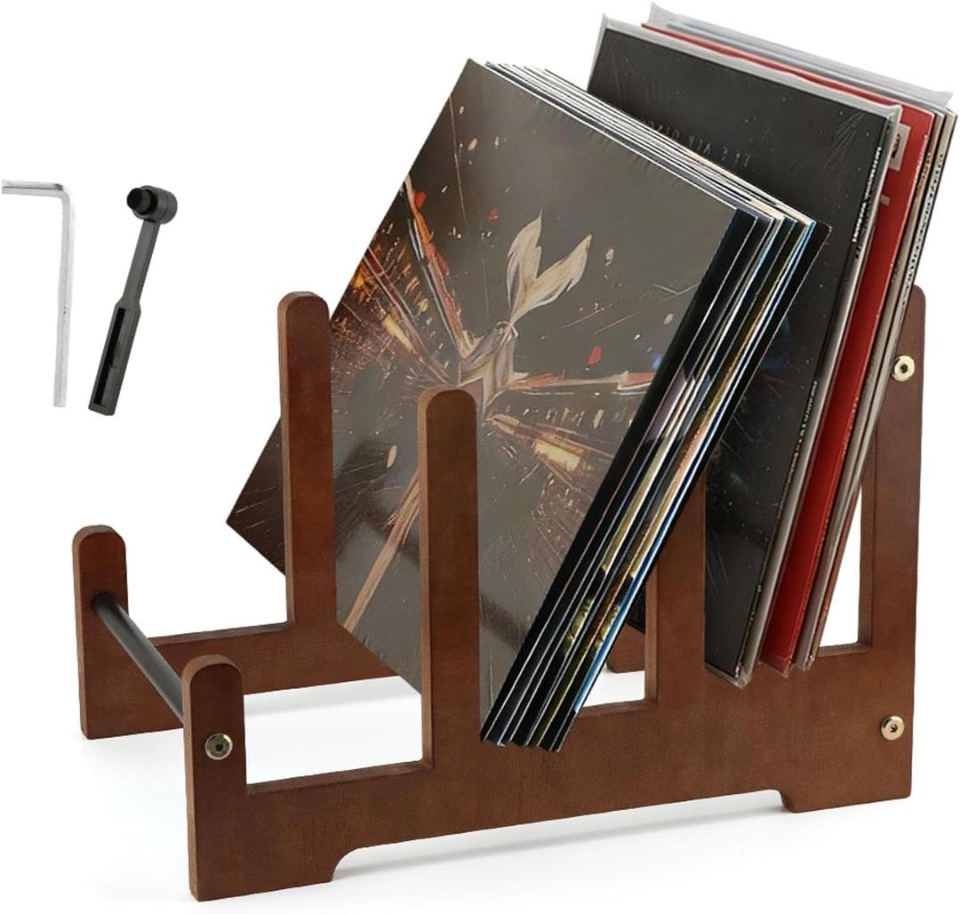 Records Holder, 3-Tier Vinyl Record Storage Display Shelf for LP Albums, Books, Magazines, with Wooden Frame and Metal Construction, Includes Cleaning Brush and Mounting Hardware