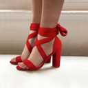 Strappy Heels for Women Chunky Heels High Heeled Sandals with Lace Up Fahsion Casual Nude Block Heel Sandals (Red) 9