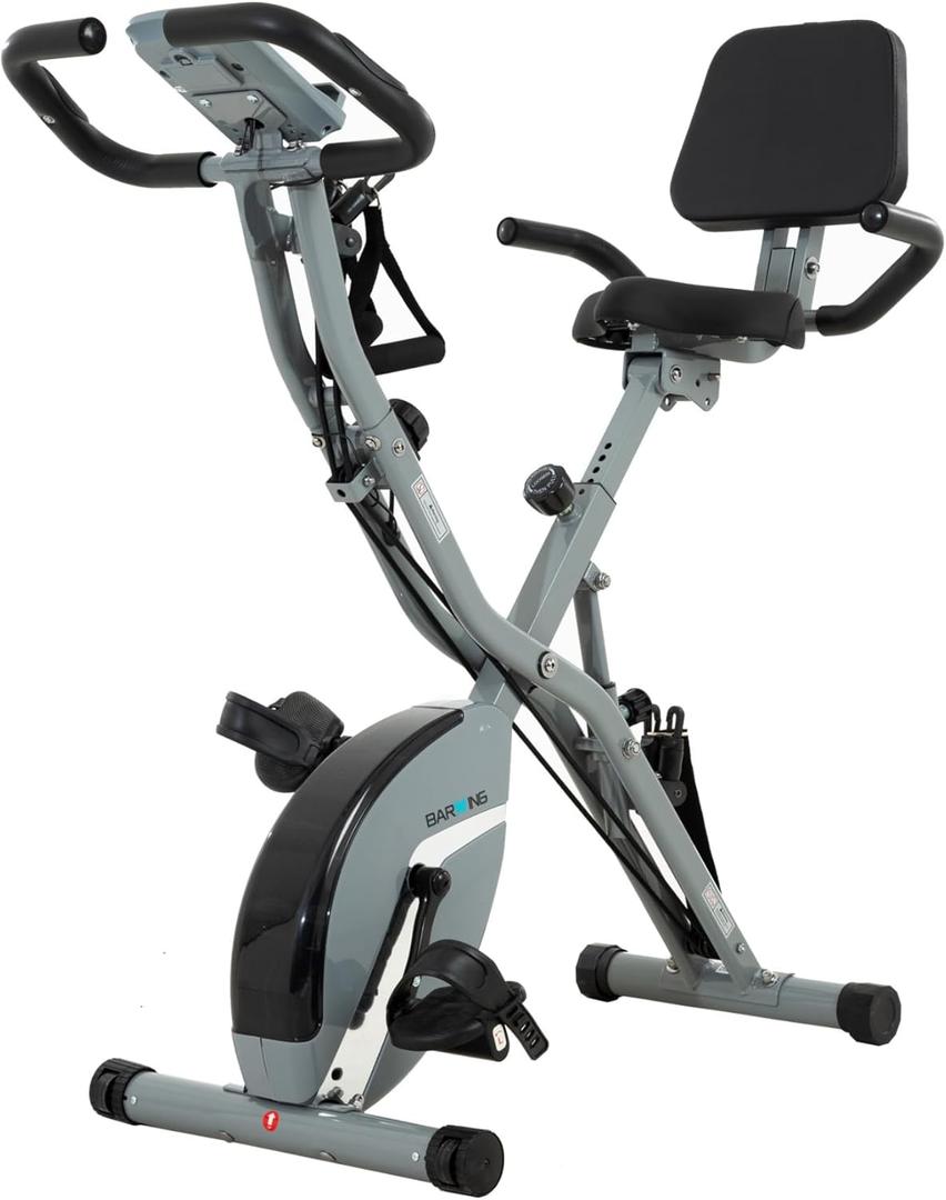 BARWING Stationary Exercise Bike for Home Workout, 5 IN 1 Foldable Indoor Cycling Bike for Seniors, 350LB Capacity, 16-Level Magnetic Resistance, Seat Backrest Adjustments (X2-Grey)