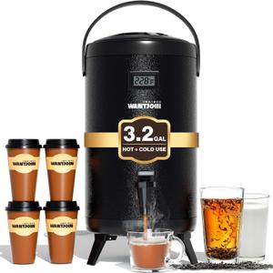 WantJoin Insulated Beverage Dispenser - Thermal 12L/3.2Gal Stainless Steel Hot & Cold Drink Dispenser with Spigot for Tea, Coffee, Milk, Water & Juice (Black) (1 Pack)