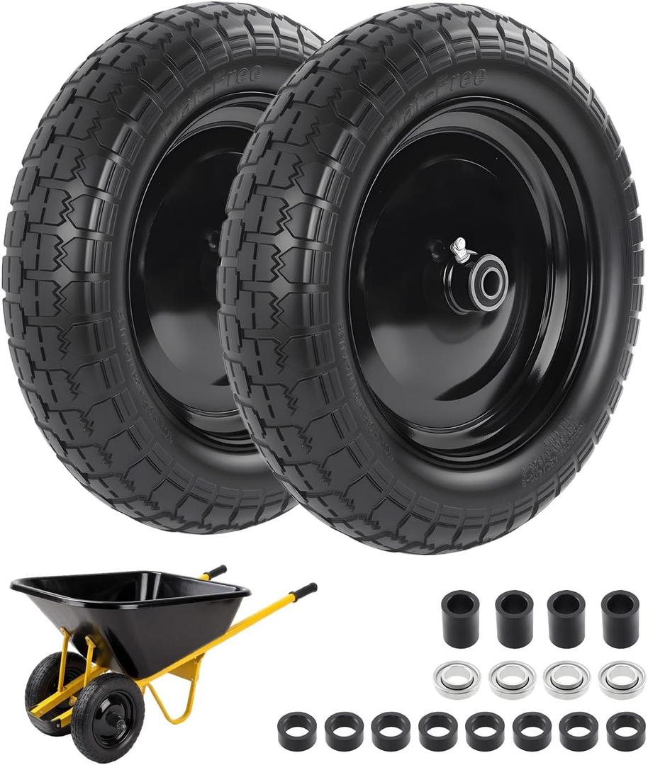 4.80/4.00-8 wheelbarrow tire, 14.5" Flat Free Solid Tire and Wheel, 3" Centered Hub, 5/8" & 3/4" Bearings, Universal Replacement for Garden Carts Wagon Wheel Barrow, 2 Pack (Black)