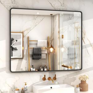 OKPAL 44X36 Inch Black Bathroom Mirror for Wall, Bathroom Vanity Mirror, Matte Black Frame Rectangle Mirror, Round Corner, Rustproof, Tempered Glass (Horizontal/Vertical) (44"L x 36"W)