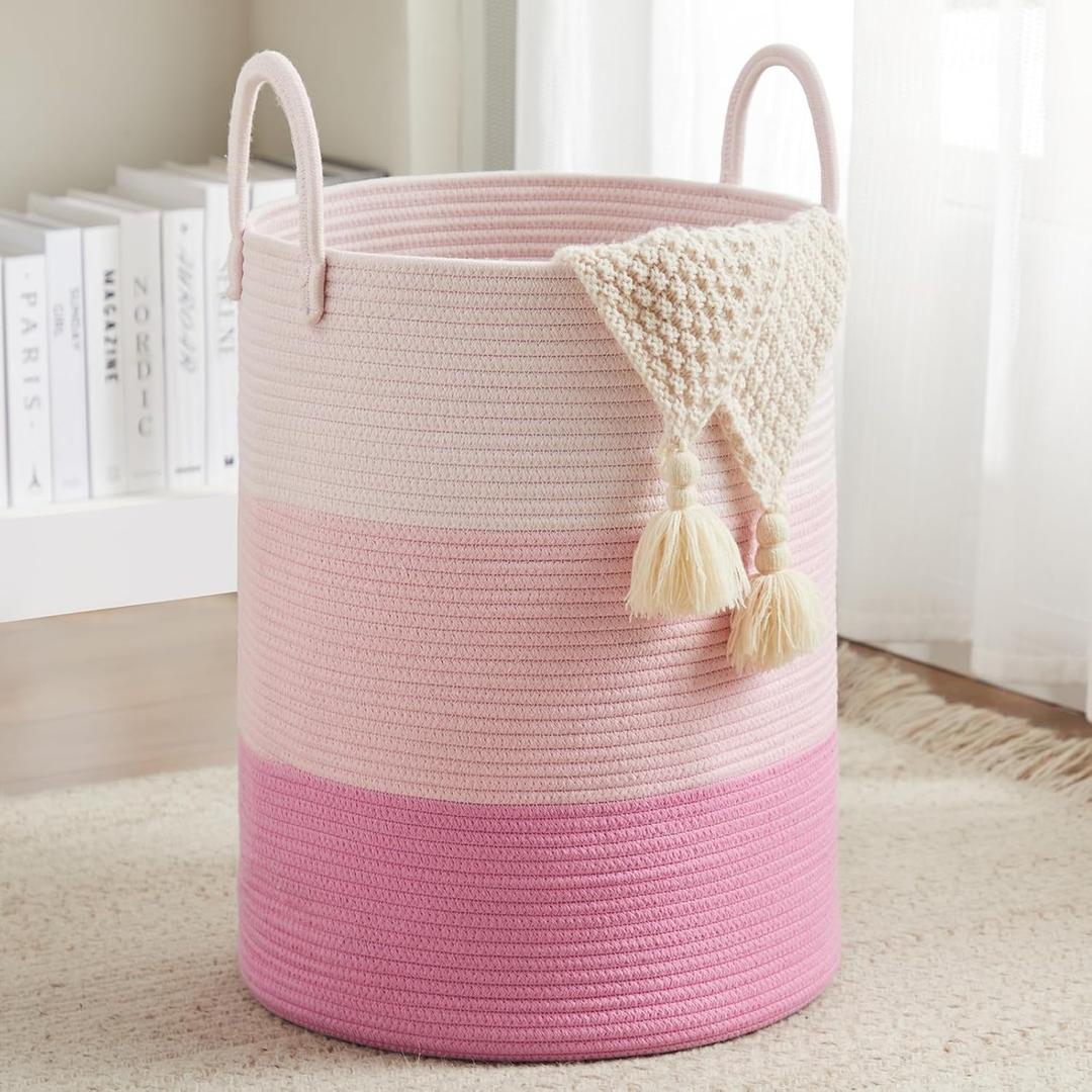 Cotton Rope Laundry Hamper by Fiona's magic, Tall Woven Laundry Basket Storage, Baby Nursery Hamper for Blankets, Toys and Clothes Hamper for Bedroom and Living Room Organizing, 72L, Pink