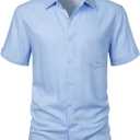 ZEROYAA Men's Linen Shirts Short Sleeve Summer Casual Button Down Beach Shirt with Pocket (Blue, M)