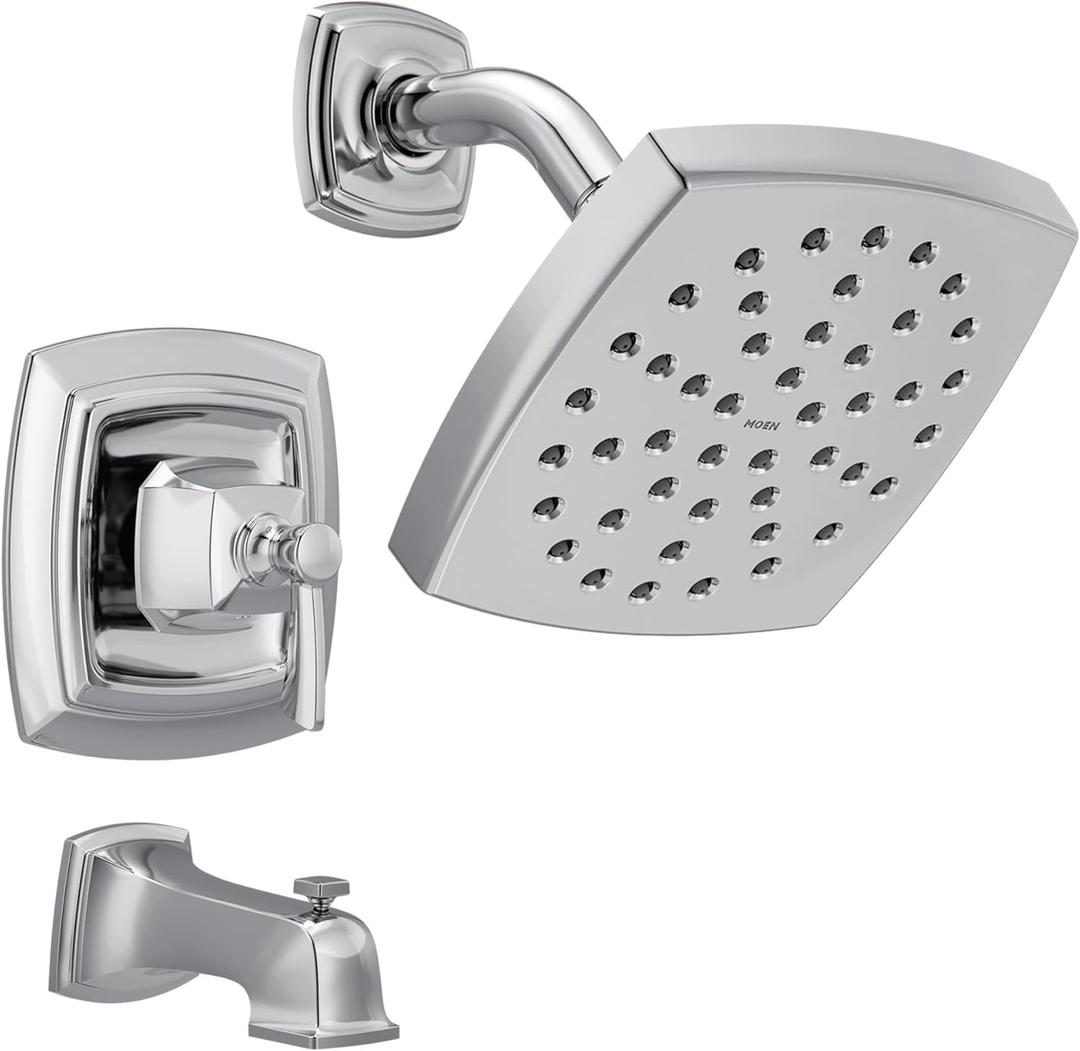 Moen Conway Chrome Posi-Temp Shower Trim Set Featuring Square Showerhead, Lever Handle, and Tub Spout, Valve Included, 82922