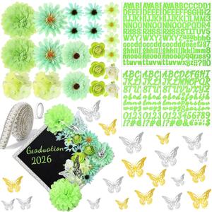 Wavwavw 53 Pcs DIY Graduation Cap Decorations Kit, 2026 Grad Cap Topper Include Faux Flowers 3D Butterfly Self Adhesive Pearl Stickers Glitter Alphabet Letter Decals for Party Decor(Light Green)