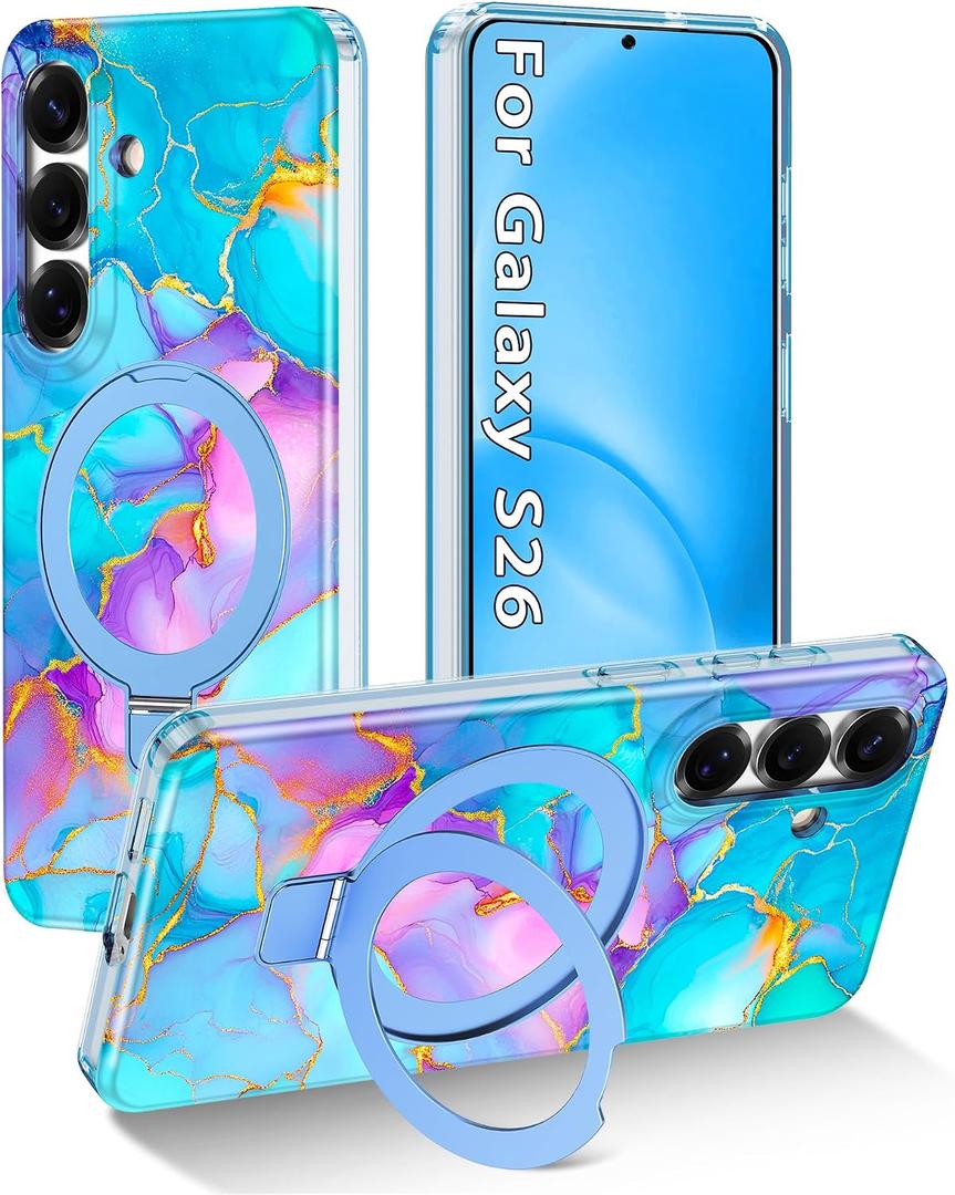 Magnetic for Galaxy S26 Case with Invisible Ring Stand[Compatible with MagSafe] Full Body Slim Women Girl Shockproof Marble Pattern Design Case for Samsung Galaxy S26,Blue/Pink