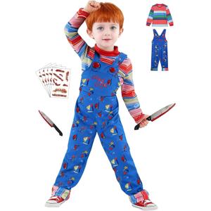 5 Sizes for 3-11Y Chucky Costume for Kids Halloween Jumpsuit Long Sleeve Rainbow Shirt Prop Knife Scar Tattoos (Xl Size(9-11y,height:49.2"-53.1"))