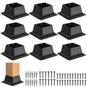 4x4 Post Base 9Pcs, Internal 3.5"x3.5" Heavy Duty Powder-Coated Steel Post Bracket Fit for Standard Wood Post Anchor, Decking Post Base for Deck Porch Handrail Railing Support with Screws