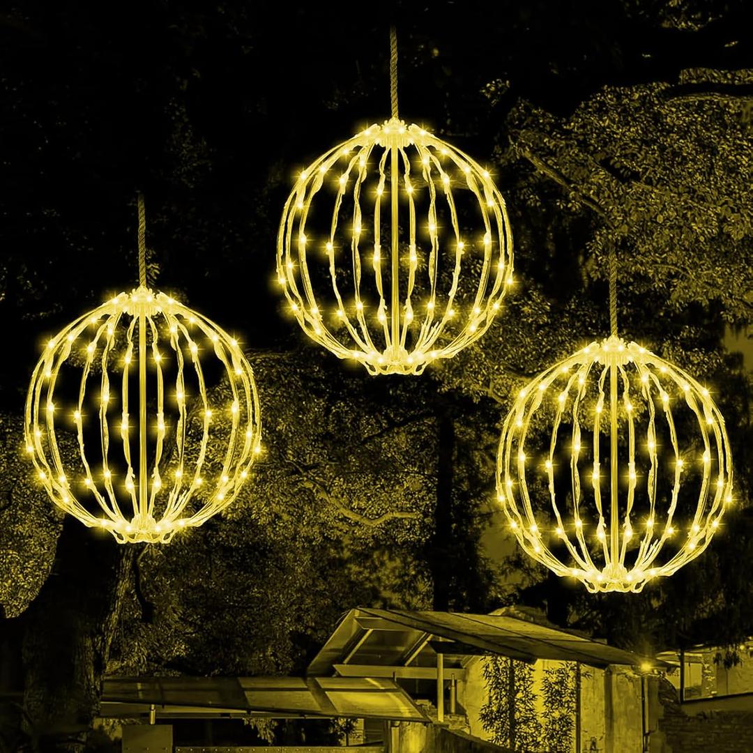 Set of 3 Christmas LED Light Balls, Hanging Tree Globe Lights - Fold Flat Metal Frame, Indoor/Outdoor Decoration (Warm White)