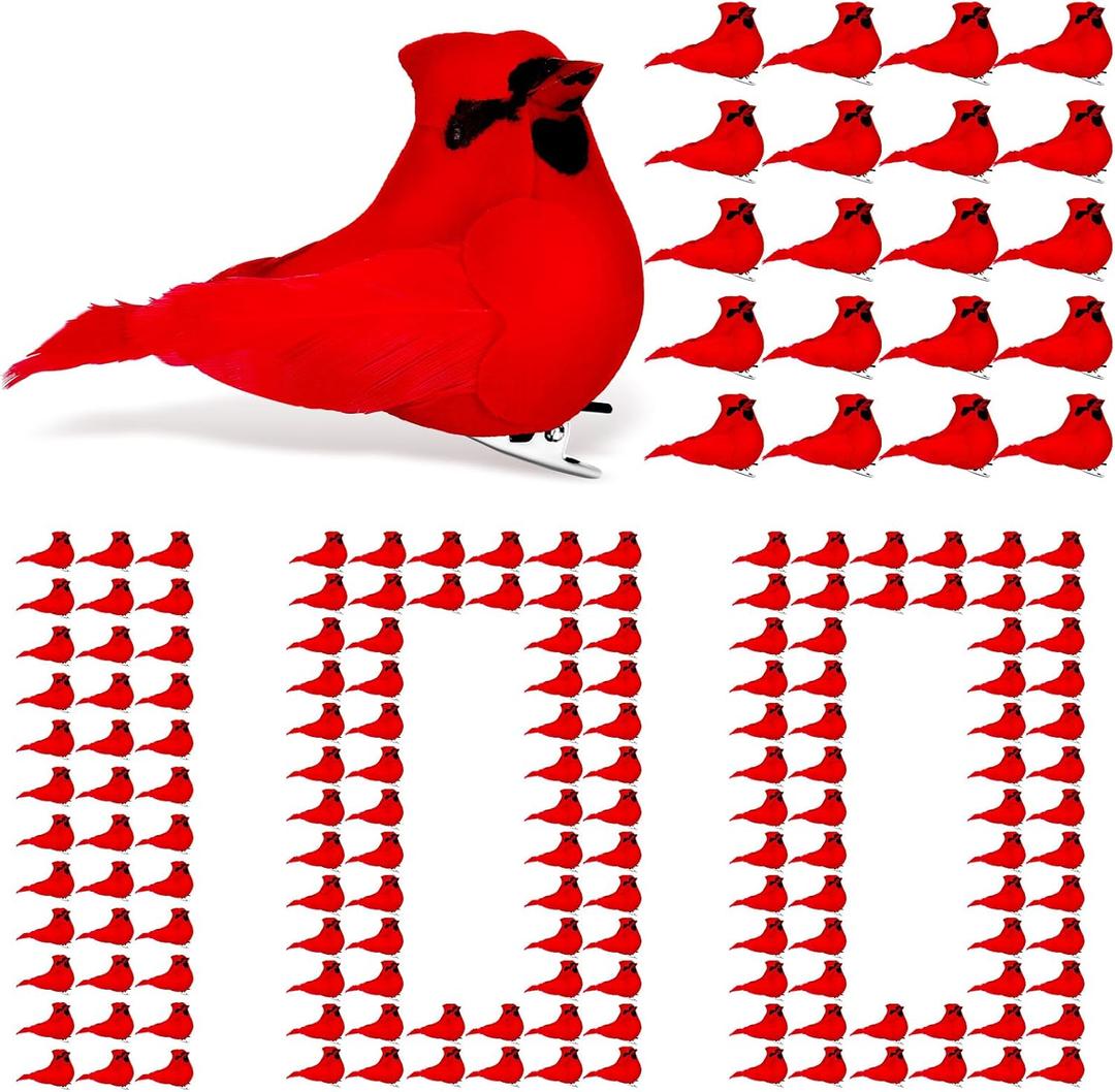 Soaoo 100 Pcs Red Cardinals Birds Ornaments for Christmas Tree 2.5 Inch Decorative Clip On Birds Bulk for DIY Crafts Xmas Home Decorations, Wreaths