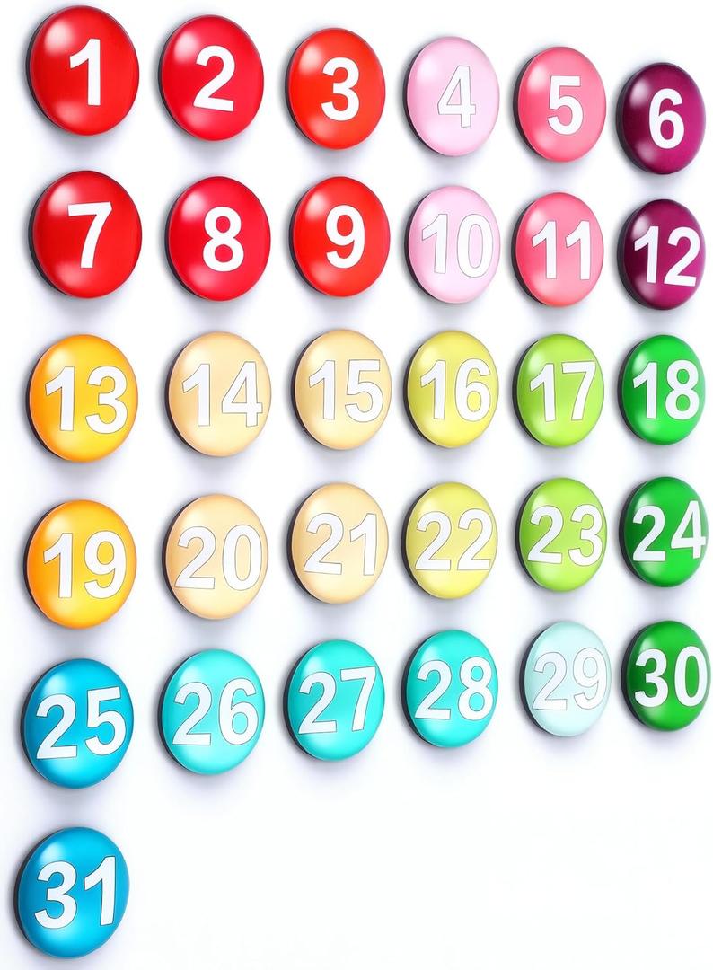 1-31 Magnetic Numbers Colored Glass Calendar Magnets for Whiteboard Dry Erase Board Fridge Schedule Refrigerator(Dark Color,0.98",Numbered)